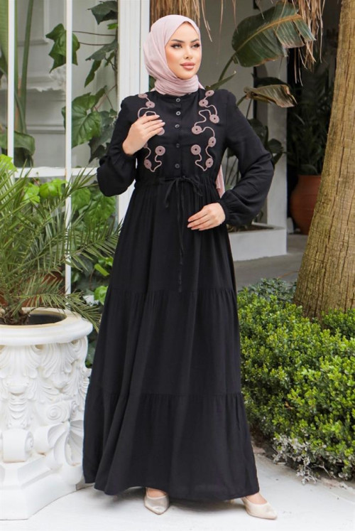 Abely Inlaid Hijab Dress 831 - Black