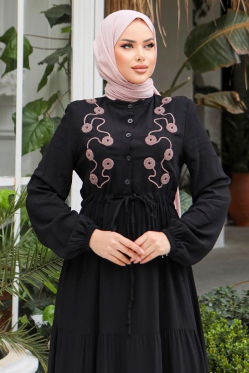 Abely Inlaid Hijab Dress 831 - Black