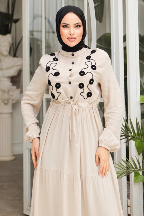 Abely Inlaid Hijab Dress 831 - Stone