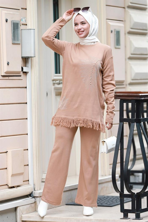 Adele Boncuklu Knitwear Suit 579 - Mink