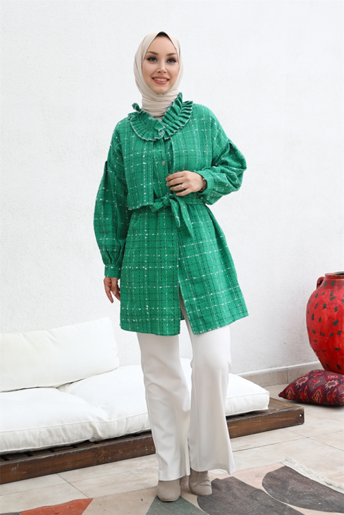 Arsu Yakası frills Detay Button Tüvit Women-Jackets 381 - Green