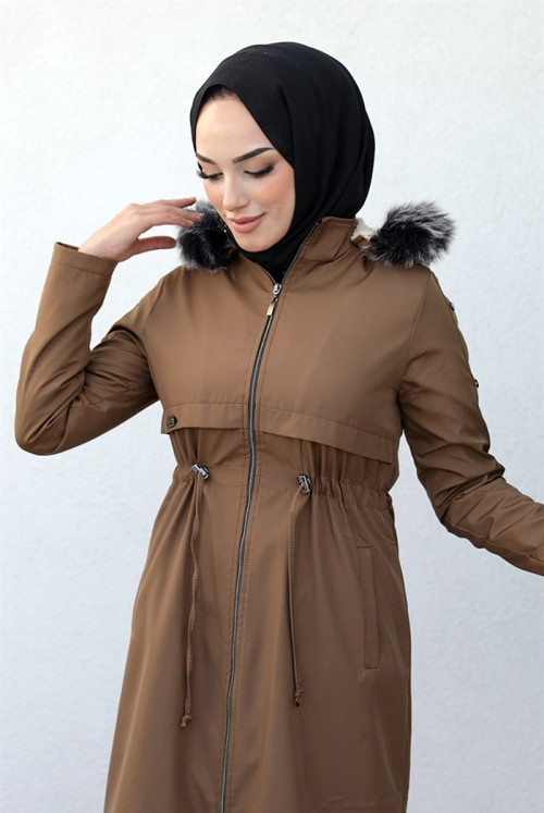 Ayas Tünel Arched Fur Hooded Hijab Mont 346 - Taba