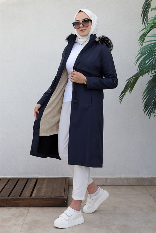 Ayas Tünel Arched Fur Hooded Hijab Mont 346 - Navy blue