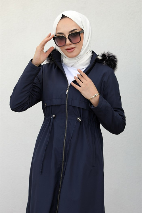 Ayas Tünel Arched Fur Hooded Hijab Mont 346 - Navy blue