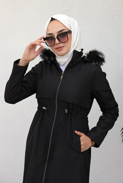 Ayas Tünel Arched Fur Hooded Hijab Mont 346 - Black