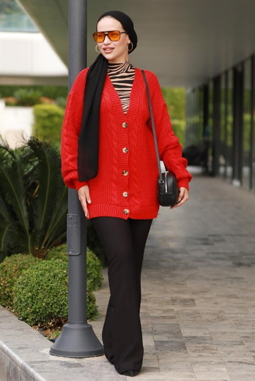 Bediz Button Hijab Cardigan 597 - Red