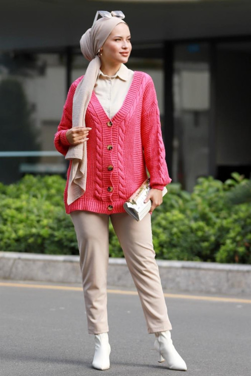 Bediz Button Hijab Cardigan 597 - Pink