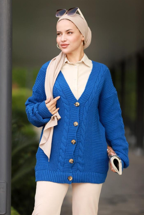 Bediz Button Hijab Cardigan 597 - Saks Mavisi