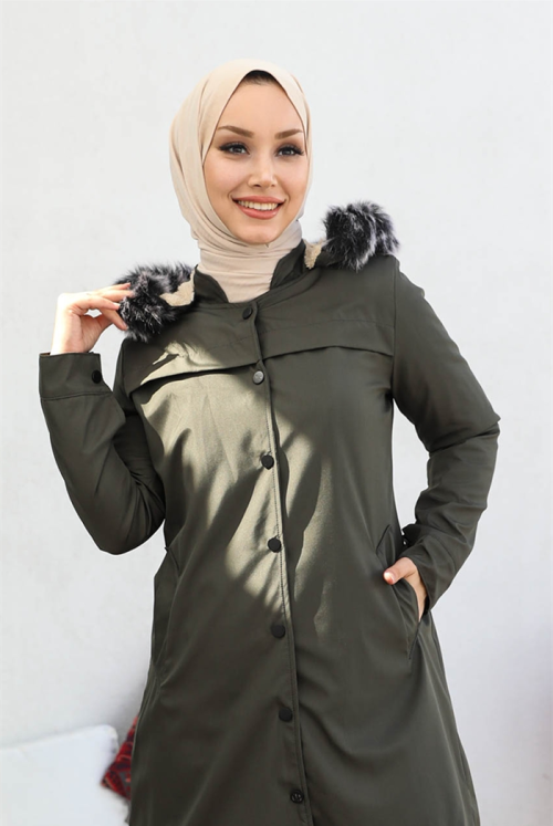 Belgi Inside Fur Double Pockets Button Hijab Mont 373 - Khaki