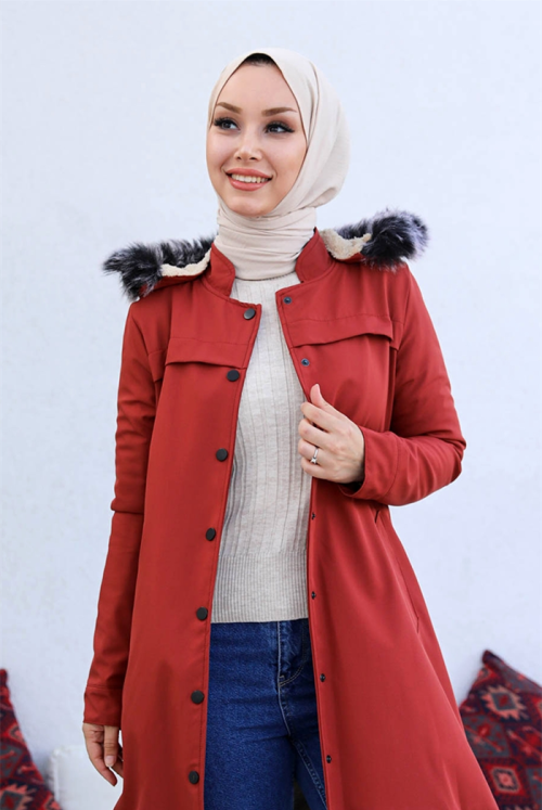 Belgi Inside Fur Double Pockets Button Hijab Mont 373 - Tile