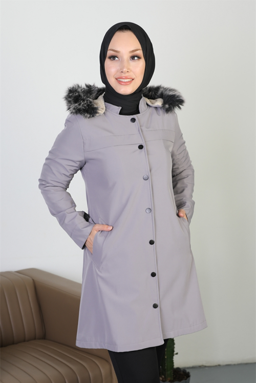 Belgi Inside Fur Double Pockets Button Hijab Mont 373 - Grey