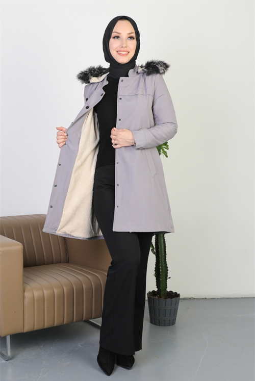 Belgi Inside Fur Double Pockets Button Hijab Mont 373 - Grey