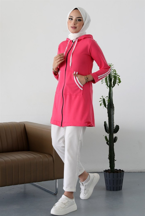 Belgün Şerit Detay Double Pockets Hijab Cardigan 362 - Pink