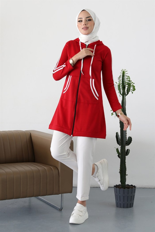 Belgün Şerit Detay Double Pockets Hijab Cardigan 362 - Claret Red