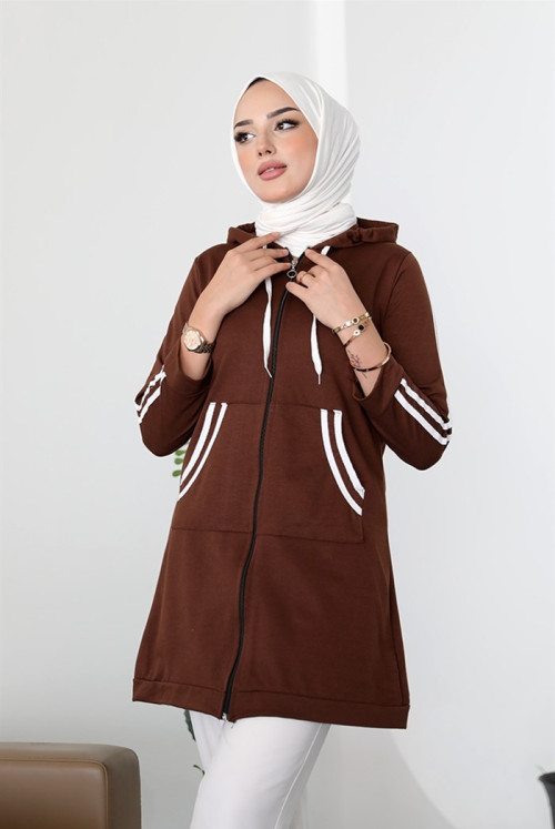 Belgün Şerit Detay Double Pockets Hijab Cardigan 362 - Brown