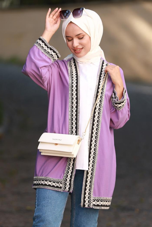 Bercis Embroidery Inlaid Hijab Cardigan 402 - Purple