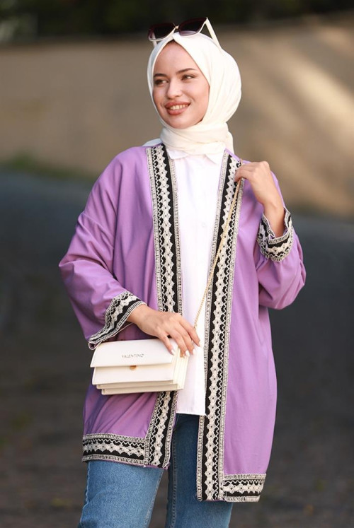 Bercis Embroidery Inlaid Hijab Cardigan 402 - Purple