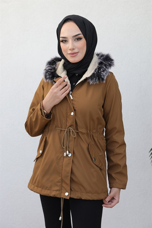 Berfin Inside Furry Double Pockets Hijab Mont 364 - Taba