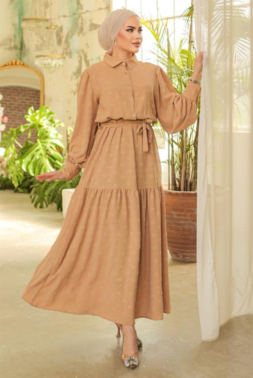 Berfu Half Button Linen Dress 840 - Mink