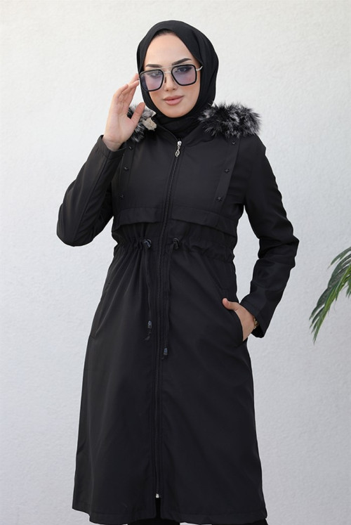 Bige Star Detailed Shirred Inside Furry Hijab Mont 347 - Black
