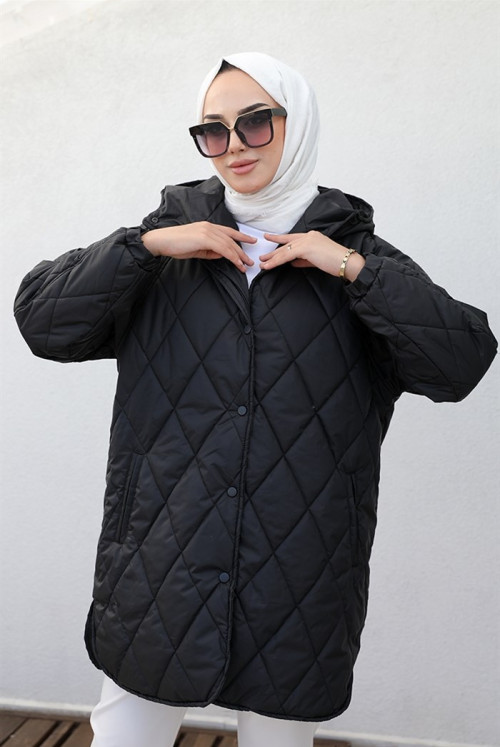 Buğu Baklawa Desen Double Pockets Hijab Mont 366 - Black