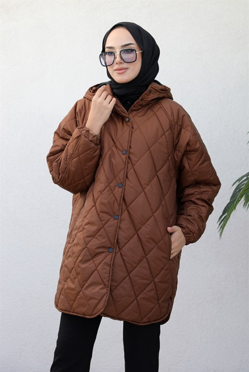 Buğu Baklawa Desen Double Pockets Hijab Mont 366 - Brown