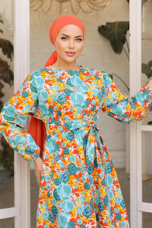 Patterned With Flowers Hijab Dress 823 - Mint