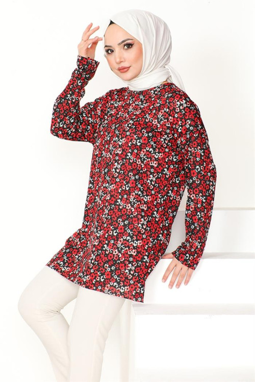 Patterned With Flowers Hijab Tunics 860 - Black