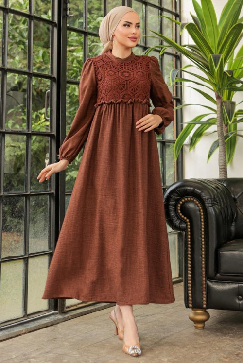 Lacy Linen Dress 773 - Brown