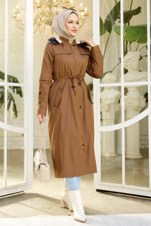 Eflal Tünel Arched Hidden Zipped Hijab Mont 403 - Taba