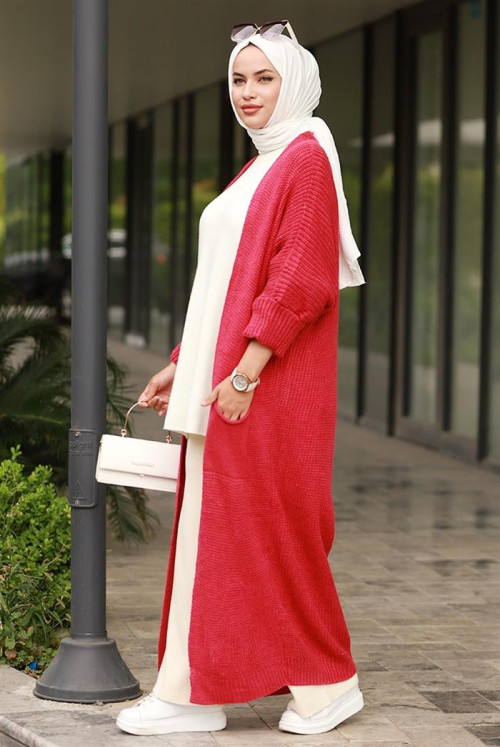 Eftalya Double Pockets Long Knitwear Hijab Cardigan 329 - Rose Kurusu