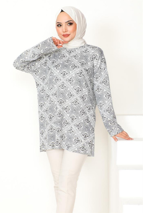 Patterned Traditional Hijab Tunics 858 - Grey
