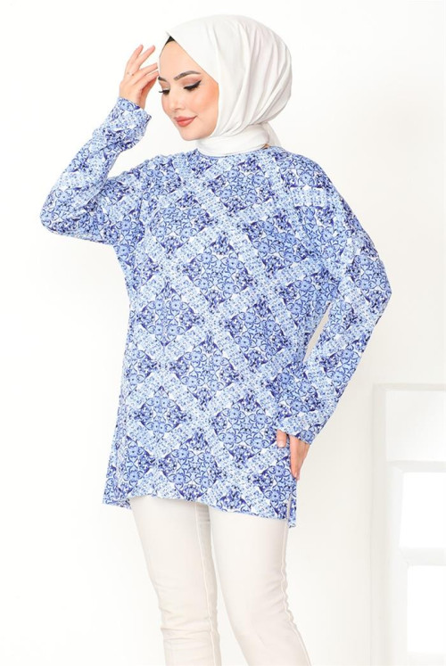 Patterned Traditional Hijab Tunics 858 - İndigo