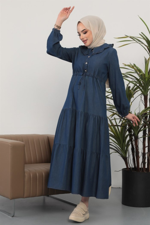 frills Bebe Collar Tünel Tral Arched Hijab Jeans Dress  221 - Dark Blue