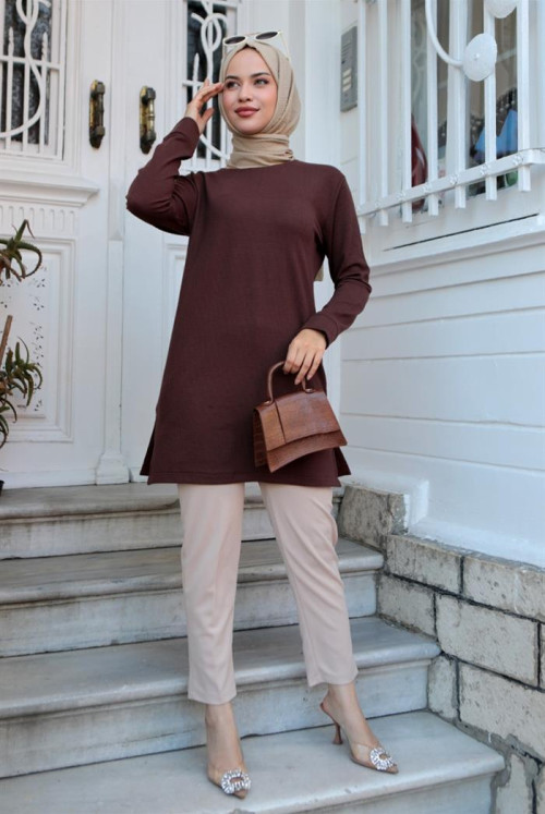 Fitil Detailed Hijab Tunics 531 - Brown