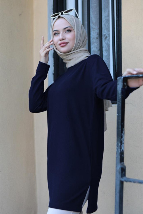 Fitil Detailed Hijab Tunics 531 - Navy blue