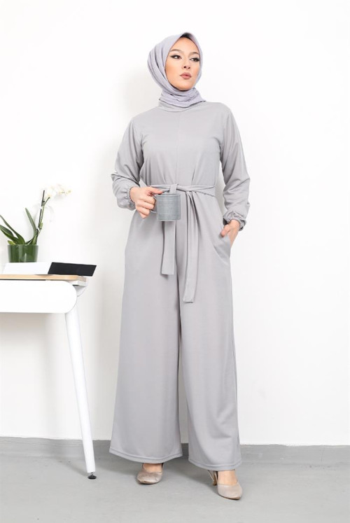 Fulya Arms Elastic Arched Hijab Overalls 357 - Grey