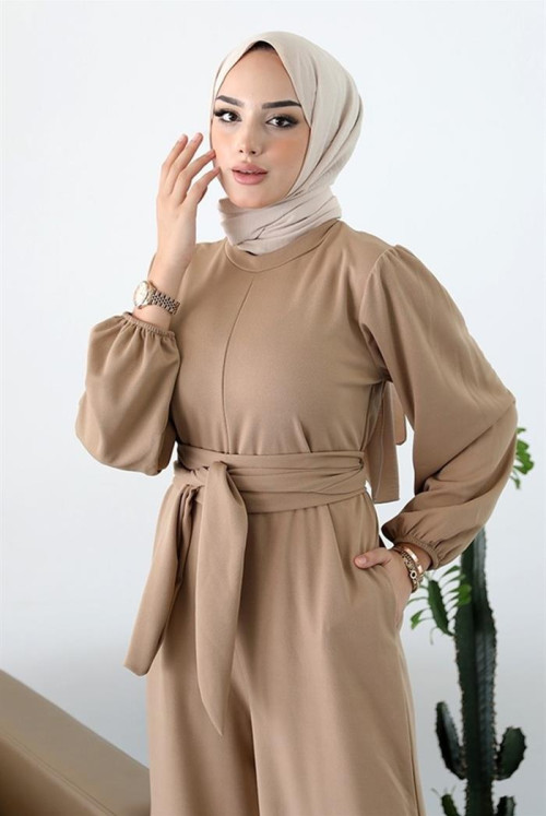 Fulya Arms Elastic Arched Hijab Overalls 357 - Mink