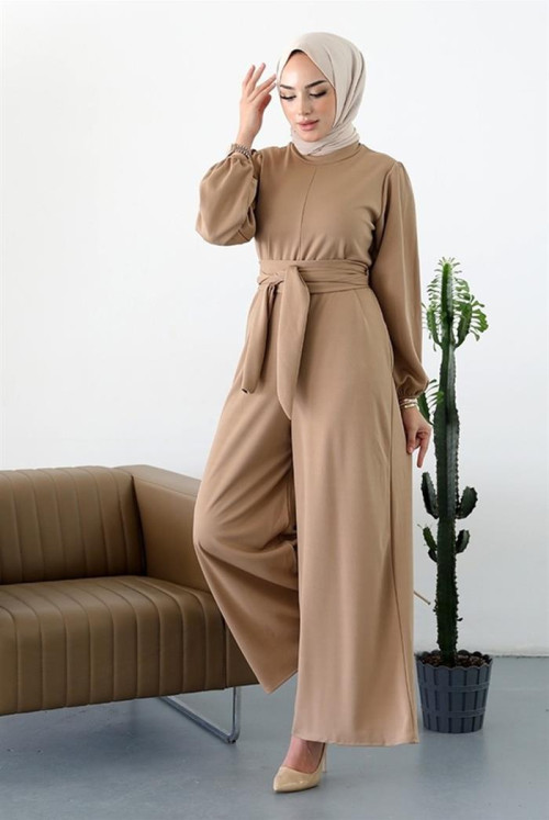Fulya Arms Elastic Arched Hijab Overalls 357 - Mink