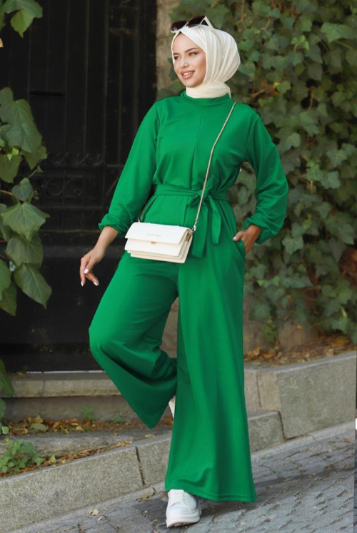 Fulya Arms Elastic Arched Hijab Overalls 357 - Green