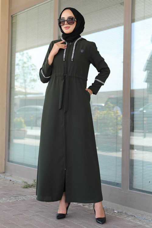İdil Tünel Belt Hooded Double Pocket Hijab Abayas 336 - Khaki