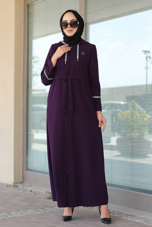 İdil Tünel Belt Hooded Double Pocket Hijab Abayas 336 - Damson