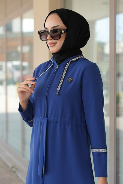 İdil Tünel Belt Hooded Double Pocket Hijab Abayas 336 - İndigo