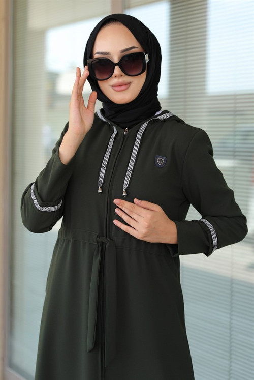 İdil Tünel Belt Hooded Double Pocket Hijab Abayas 336 - Khaki