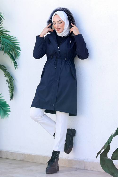İlke Tünel Arched Double Pockets Hooded Hijab Mont  398 - Navy blue