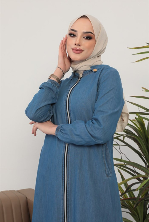 Hooded Complete Length Double Pocket Zipped Hijab Jeans Women-Jackets 223 - Light blue