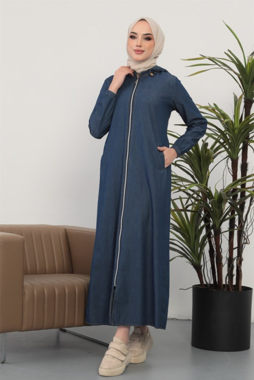 Hooded Complete Length Double Pocket Zipped Hijab Jeans Women-Jackets 223 - Dark Blue