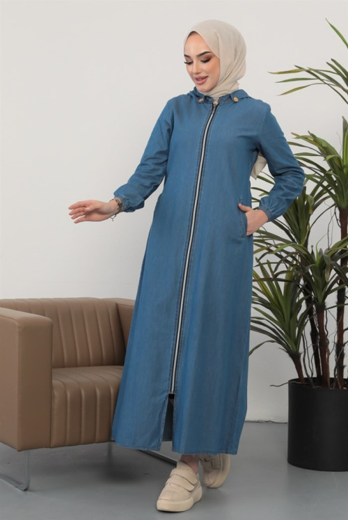 Hooded Complete Length Double Pocket Zipped Hijab Jeans Women-Jackets 223 - Light blue