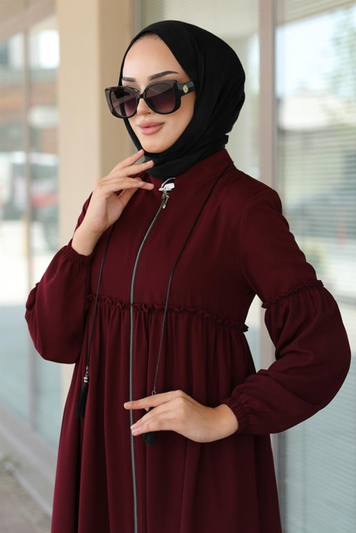 Lal frills Detailed Hijab Abayas 474 - Claret Red