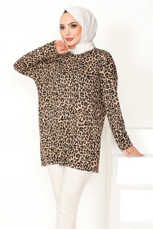 Leopard Patterned Hijab Tunics 859 - Black
